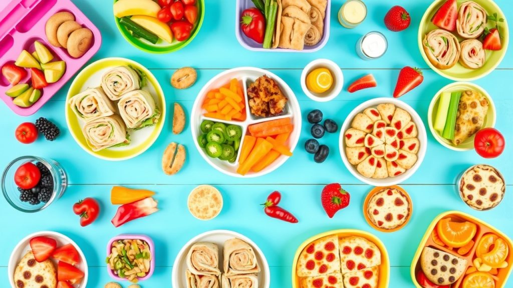 Colorful spread of easy toddler lunch ideas featuring veggie-packed quesadillas, turkey roll-ups, and mini pizzas on a bright table, ideal for busy parents.