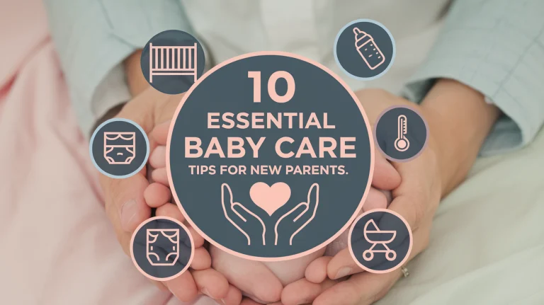 A caring parent gently bathing a newborn in a small tub, showcasing essential baby care practices, as discussed in the article titled '10 Essential Baby Care Tips for New Parents.' The scene is bright and inviting, with soft towels and baby-friendly products nearby, emphasizing the importance of safety and comfort in caring for a baby.