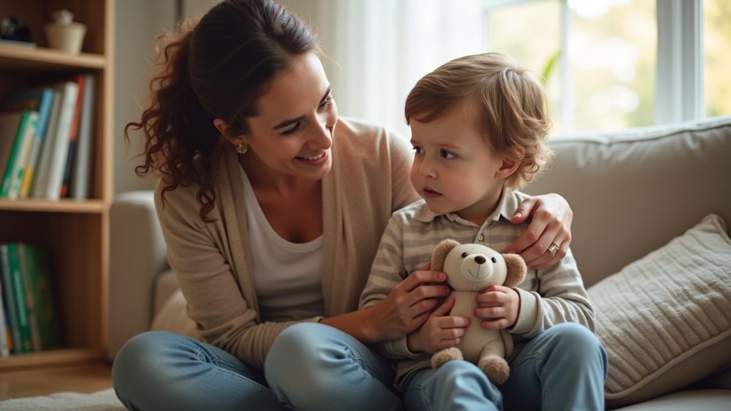 A parent comforting their anxious child with OCD in a cozy home setting, representing emotional support and understanding in managing OCD symptoms.