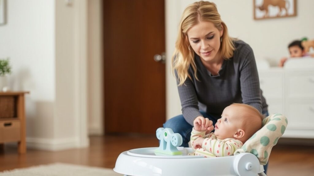 A parent supervising their baby in a walker, emphasizing the importance of safety features and parental oversight.