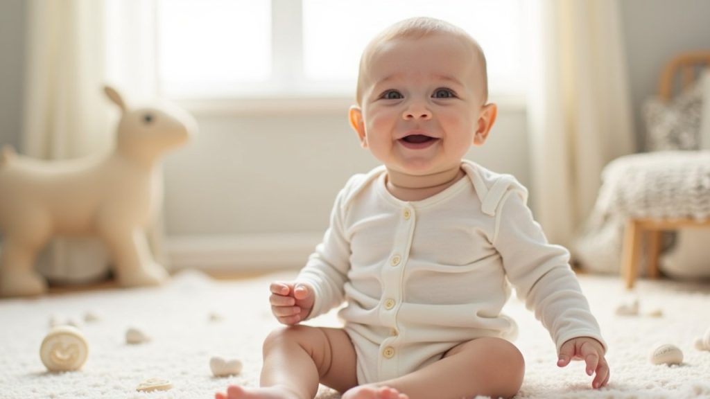 Smiling baby wearing a soft Carter’s onesie in a cozy nursery, showcasing comfortable and high-quality baby clothing.