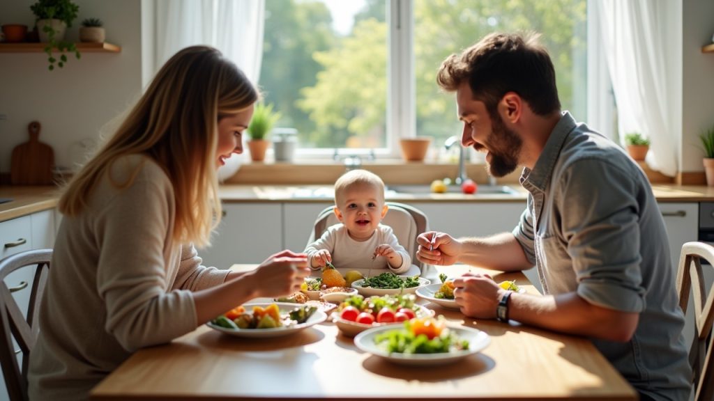 A cozy kitchen scene depicting a family of three—parents and their new baby—gathered around a dining table. The table is filled with colorful and nutritious dishes, symbolizing good meals for families with a new baby, while warm natural light streams in from a nearby window.