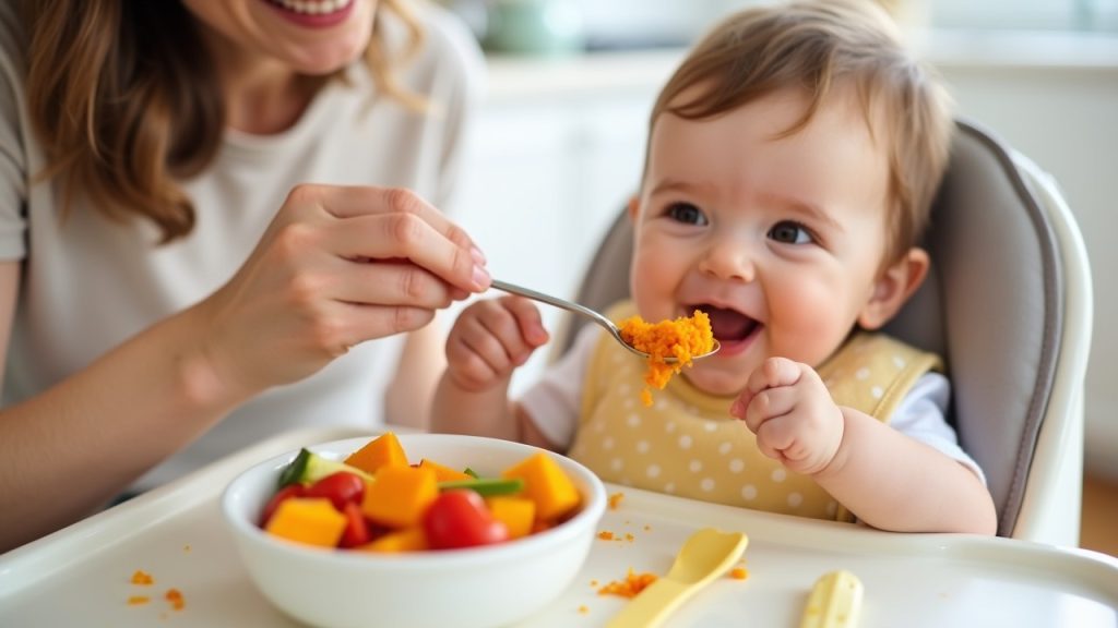 Smiling baby in a highchair being fed healthy homemade baby food by a parent in a cozy kitchen.