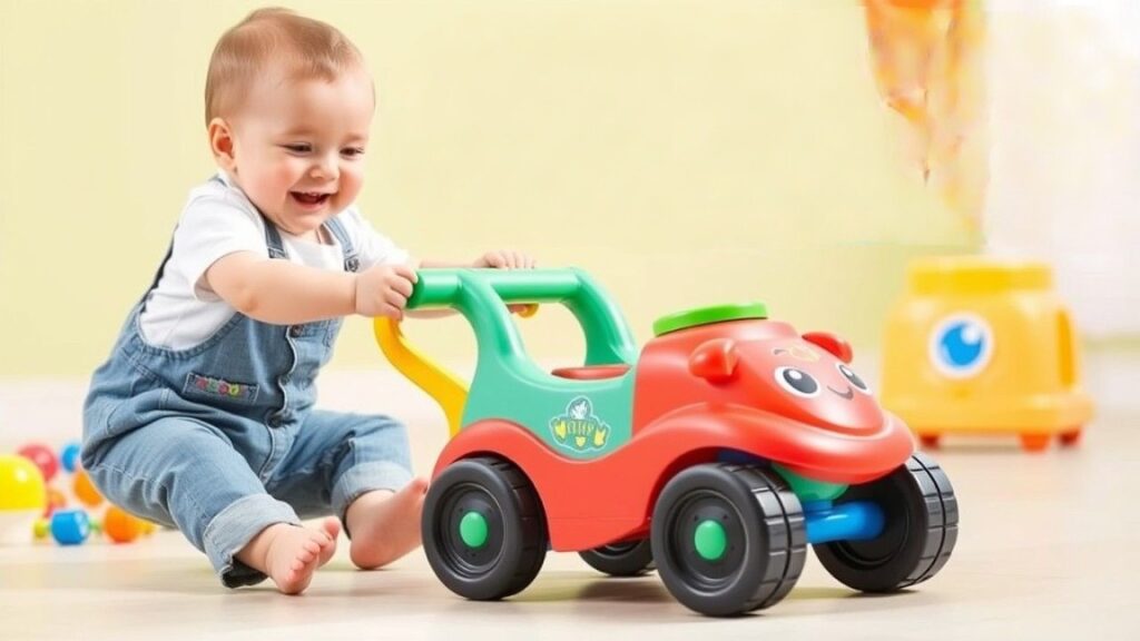 A smiling baby pushing a colorful push toy, illustrating the benefits of push toys in supporting walking development.