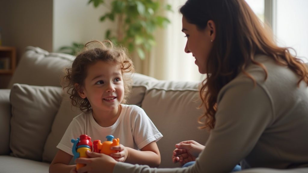 Parent and child having a supportive conversation in a cozy living room, symbolizing the importance of understanding OCD symptoms in kids.