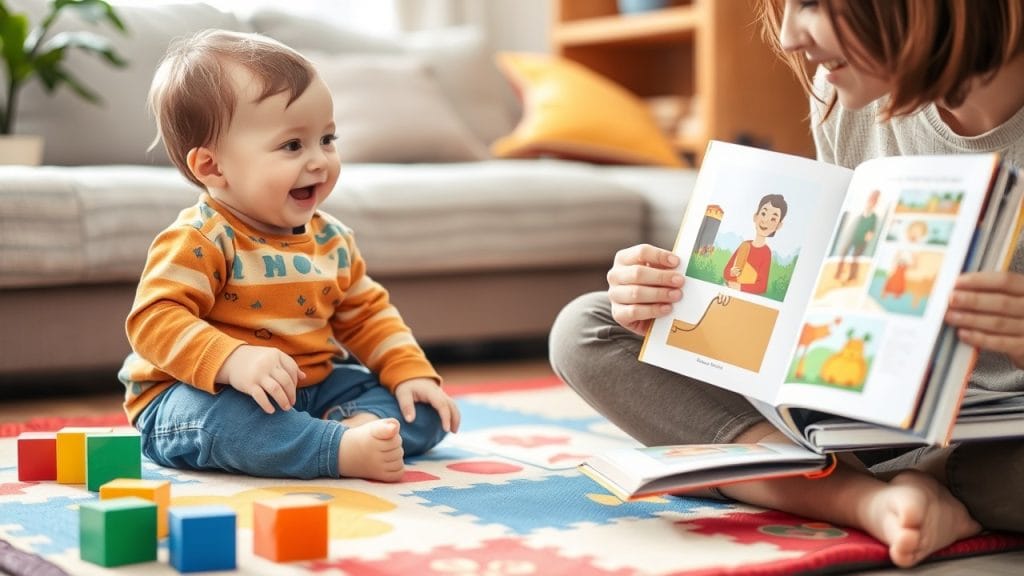 A parent engaging in a playful conversation with a toddler, surrounded by colorful toys and books, demonstrating effective techniques for encouraging speech development, as discussed in the article titled 'Best Ways to Encourage Speech Development in Toddlers.' The joyful interaction showcases the importance of communication in a fun and supportive environment.