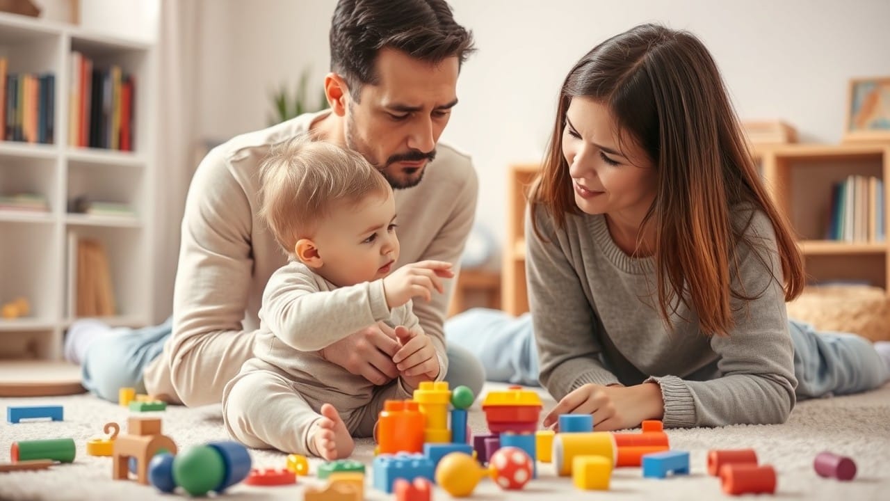 A concerned parent sitting with a toddler, surrounded by speech development tools like books and toys, illustrating the exploration of key factors contributing to speech delay, as discussed in the article titled 'Causes of Speech Delay in Toddlers: Exploring Key Factors.' The scene highlights a supportive environment, emphasizing the importance of early intervention and awareness in addressing speech challenges.