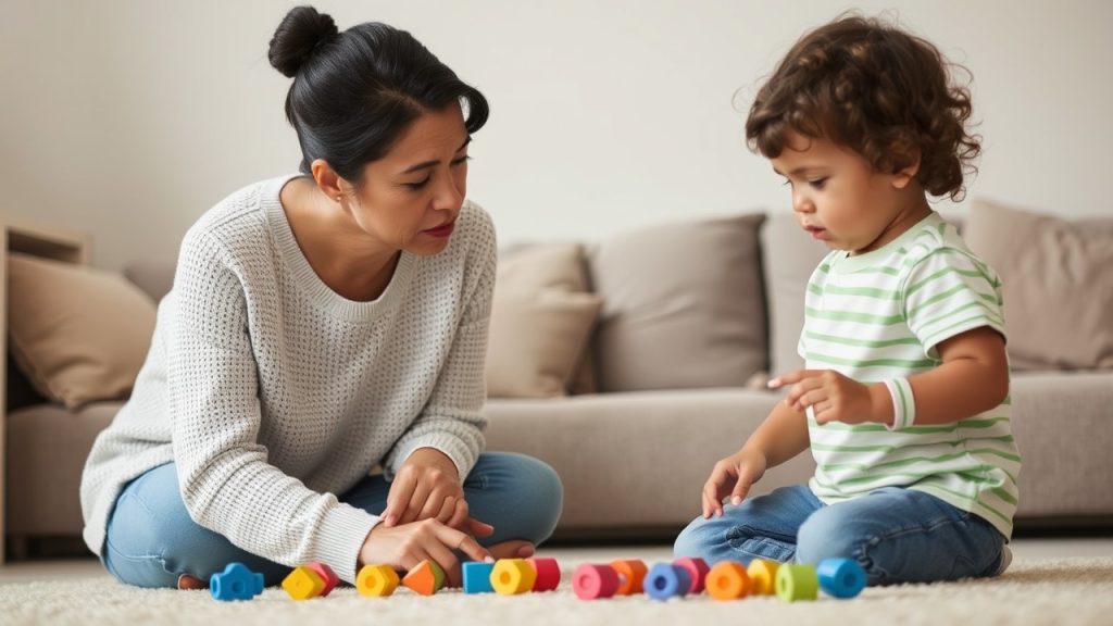 A parent watches their child line up toys, illustrating early signs of OCD in children. The image captures concern and supportive parenting.