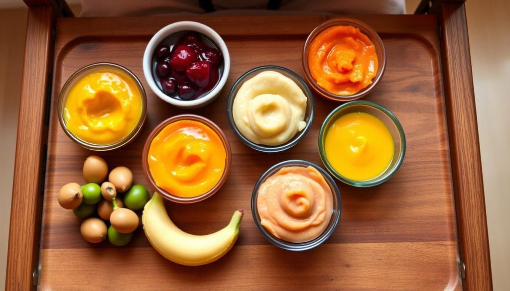 A selection of nutritious first foods for babies, including mashed bananas, pureed sweet potatoes, and avocado, arranged on a colorful plate, illustrating options for new parents as discussed in the article titled 'First Foods for Babies: A Parent's Guide.' The vibrant presentation highlights the importance of introducing a variety of healthy foods to support infants' development.