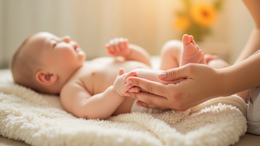 A parent softly massaging an infant's legs, demonstrating gentle techniques for soothing and bonding, as highlighted in the article titled 'Gentle Infant Massage Techniques: A Soothing Guide for Parents.' The serene environment, with soft lighting and cozy blankets, underscores the calming effects of infant massage on both the baby and the caregiver.