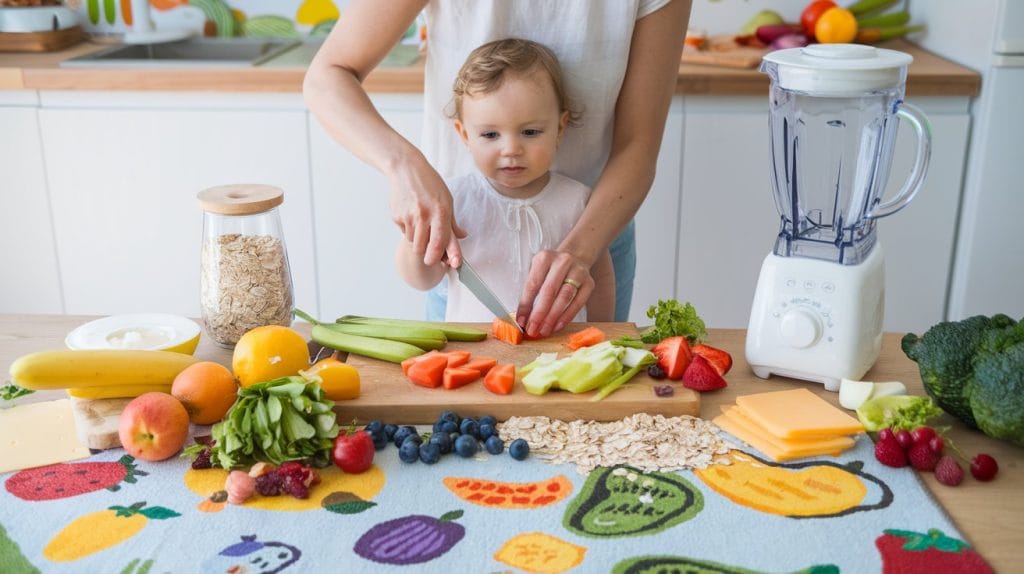 A colorful spread of healthy snacks for babies and toddlers, including sliced fruits, vegetable sticks, and homemade mini muffins, arranged on a bright plate, showcasing easy recipes as discussed in the article titled 'Healthy Snack Ideas for Babies & Toddlers: Easy Recipes.' The vibrant presentation emphasizes nutrition and creativity in preparing tasty, wholesome snacks for young children.