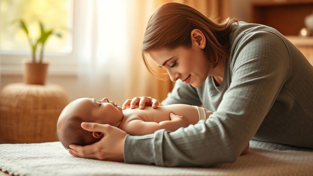 A caregiver gently massaging a smiling infant, showcasing the bonding experience and developmental benefits of infant massage, as discussed in the article titled 'Infant Massage Benefits For Development.' The warm, soothing environment emphasizes relaxation and connection, highlighting the positive effects of massage on a baby's physical and emotional growth.