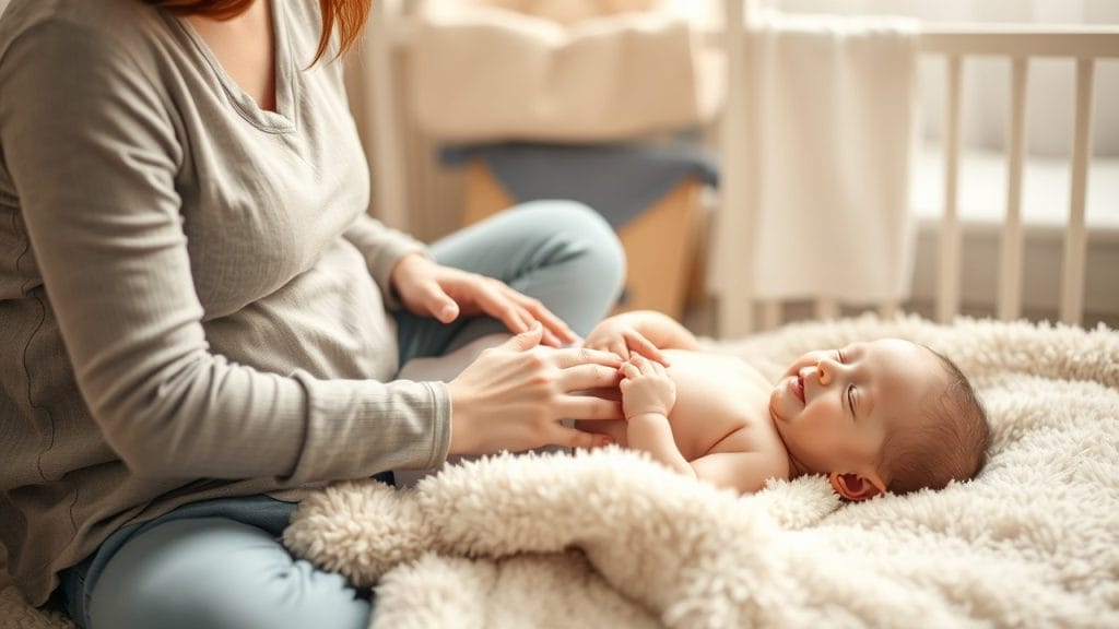 A caregiver gently massaging a baby’s tummy with a calm expression, demonstrating soothing techniques for colic relief, as described in the article titled 'Infant Massage for Colic Relief: Soothing Techniques for Babies.' The peaceful setting, with soft lighting and comforting blankets, emphasizes the nurturing environment ideal for promoting relaxation and comfort in infants.