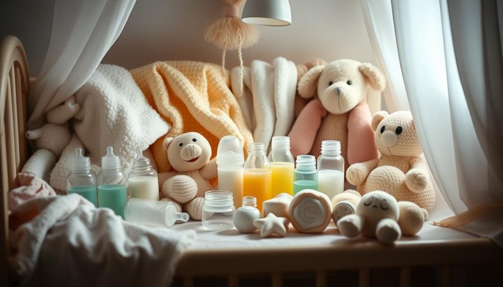 Mother gently holding a baby in her arms, offering a bottle of milk for the first time, illustrating the article titled 'Introducing Bottles to Breastfed Babies: Tips & Tricks.' The baby looks curious, and the setting is cozy and warm, reflecting a smooth transition from breastfeeding to bottle-feeding.