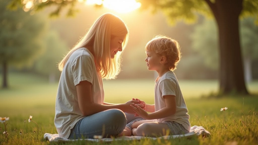 A serene moment of a parent and child practicing mindfulness together in a peaceful outdoor setting, such as a park or garden, illustrating the principles of mindful parenting as discussed in the article titled 'Mindful Parenting Articles: Raising Kids with Awareness.' The scene conveys tranquility, highlighting the importance of being present and aware in nurturing children's emotional and mental well-being.