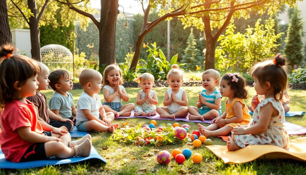 A toddler sitting cross-legged on a soft mat, with eyes gently closed and hands resting on their knees, practicing a simple mindfulness exercise as described in the article titled 'Mindfulness Techniques for Toddlers: Fun & Easy Tips.' The scene is calm and playful, emphasizing an easy and fun approach to mindfulness for young children.