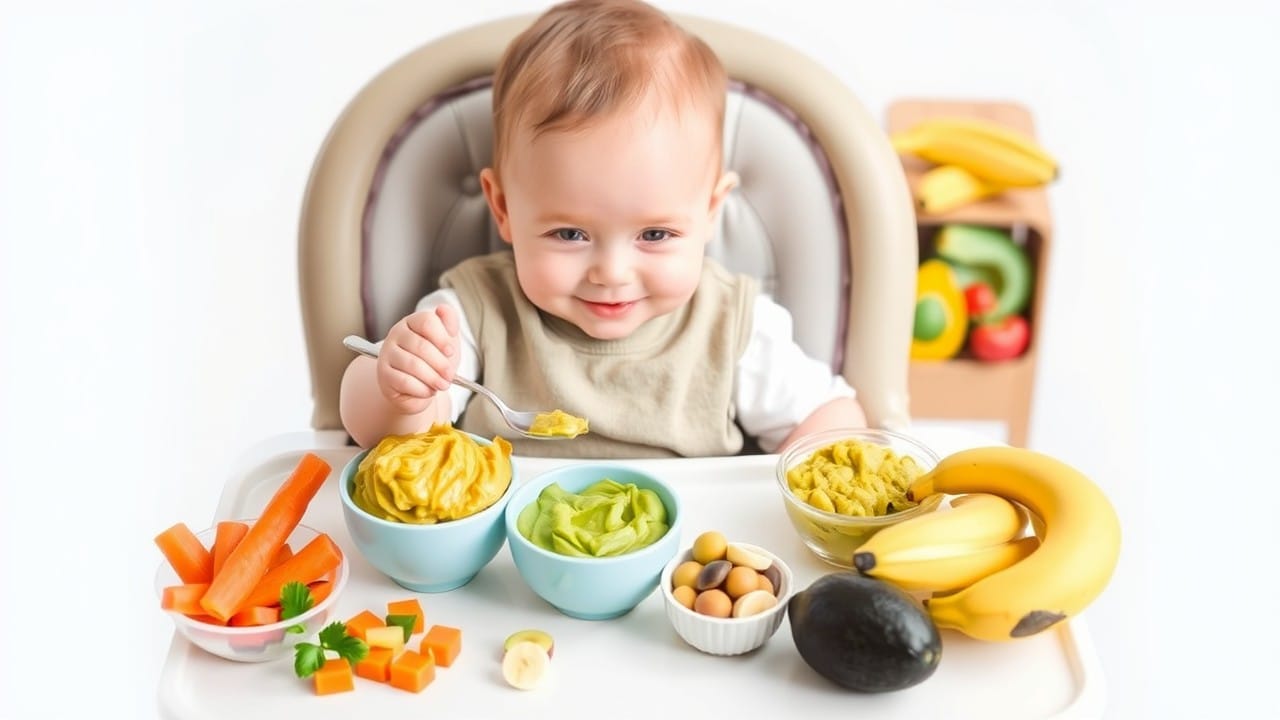 A vibrant plate of healthy, colorful baby-friendly foods, including mashed fruits, vegetables, and grains, showcasing nutritious meal ideas for infants as described in the article titled 'Nutritious Meal Ideas for Babies: A Complete Guide.' The meal is presented in a visually appealing way, emphasizing variety and nutrition suitable for developing taste buds.