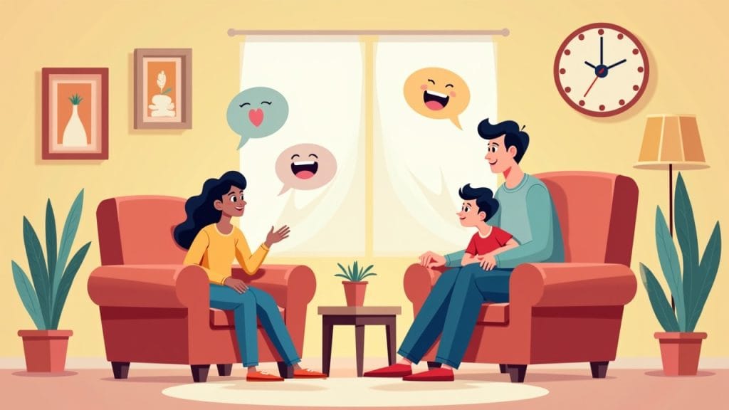 A parent and child engaging in a heartfelt discussion, with the child expressing emotions through facial expressions and gestures, illustrating effective parenting strategies for fostering emotional awareness, as discussed in the article titled 'Emotionally Aware Children: Parenting Strategies for Success.' The warm, inviting setting encourages open communication and connection between parent and child.