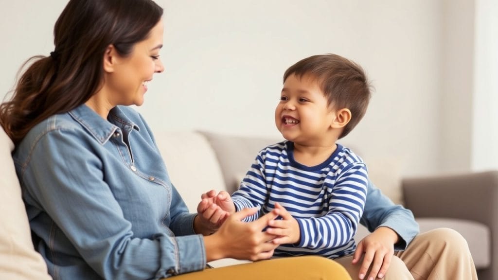 A parent and child sitting together, engaged in a heartfelt conversation with the child expressing emotions through facial expressions and gestures, illustrating the concept of emotional intelligence as discussed in the article titled 'Raising Emotionally Intelligent Kids: Simple Parenting Tips.' The cozy setting fosters open communication, highlighting simple strategies for nurturing emotional awareness and empathy in children.