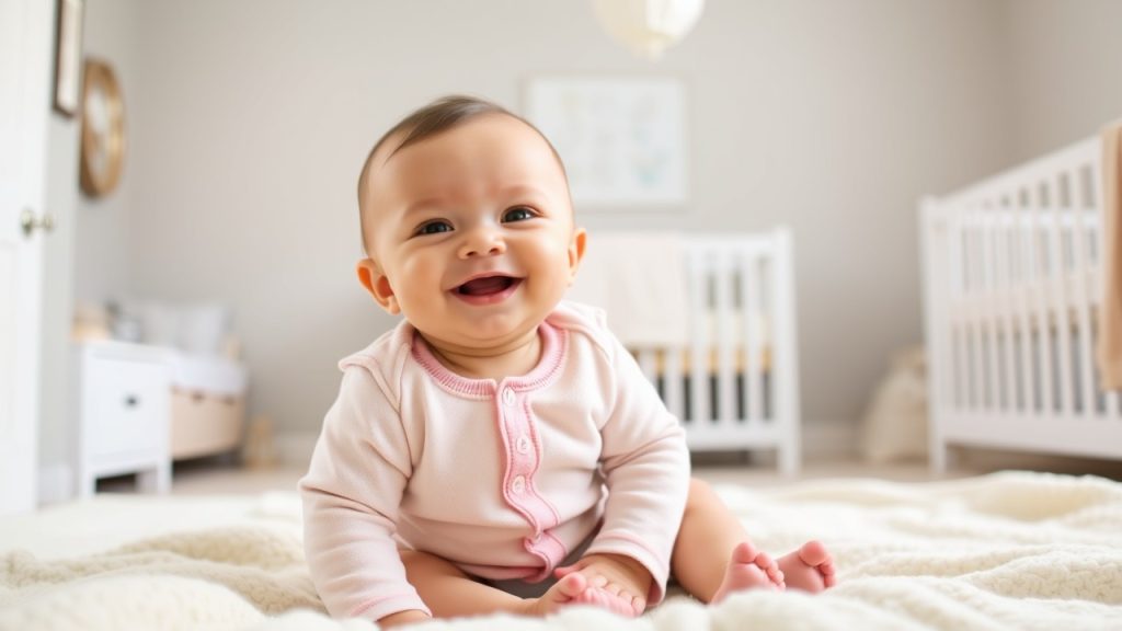 Happy baby wearing Carter’s baby clothes in a cozy nursery, showcasing soft and comfortable clothing.