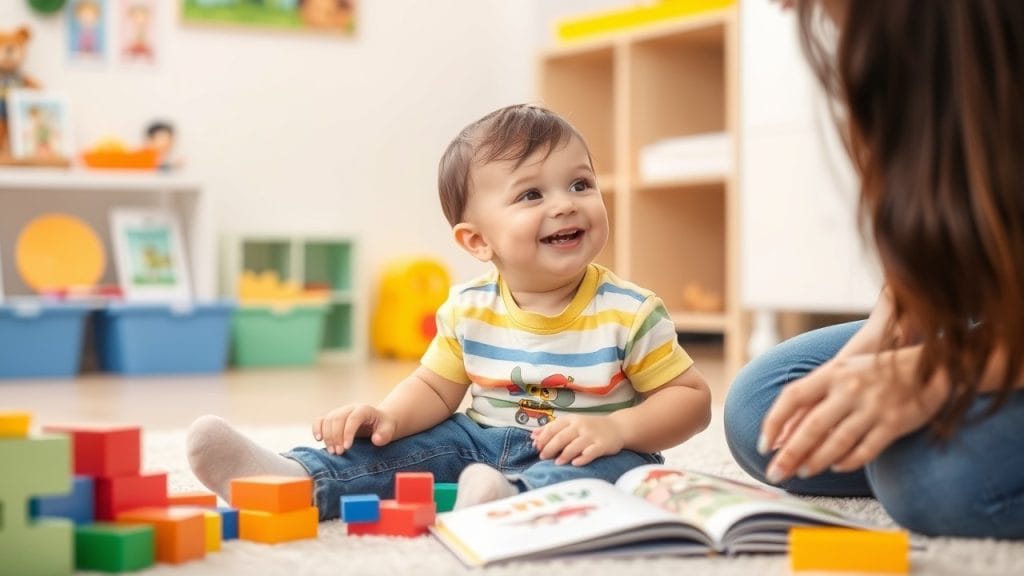 A cheerful 2-year-old child playing with colorful blocks and engaging in simple conversation, illustrating key speech development milestones, as discussed in the article titled 'Speech Development Milestones for 2-Year-Olds.' The child is expressing excitement, highlighting verbal communication skills while surrounded by toys that promote learning and interaction.