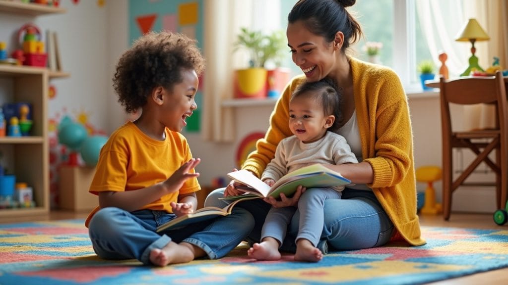 A parent sitting on the floor with a toddler, engaging in a playful conversation while surrounded by colorful picture books and toys, illustrating techniques for encouraging sentence formation as discussed in the article titled 'How to Teach Your Toddler to Speak in Sentences.' The cheerful interaction highlights the importance of play and communication in developing language skills.