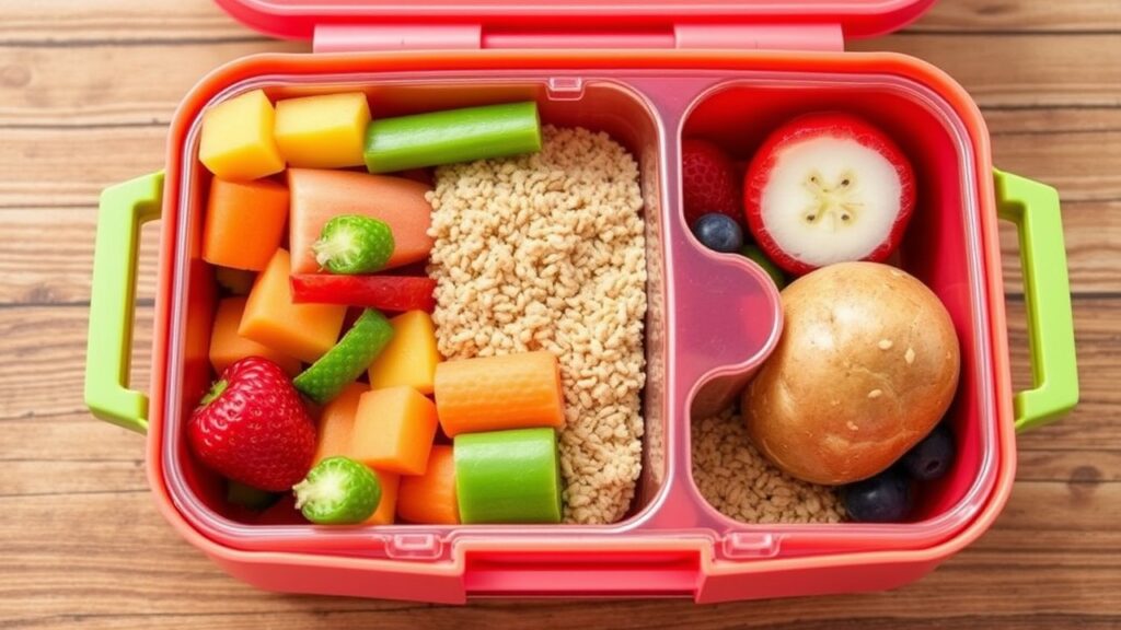 A vibrant lunchbox filled with healthy lunch ideas for toddlers, Easy Lunch Recipes for Kids featuring compartments of fruits, veggies, protein, and whole grains.