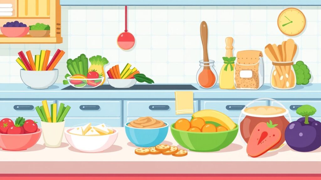 A bright kitchen countertop displaying healthy lunch ideas for toddlers, featuring colorful vegetable sticks, hummus, whole grain crackers, and sliced fruits.