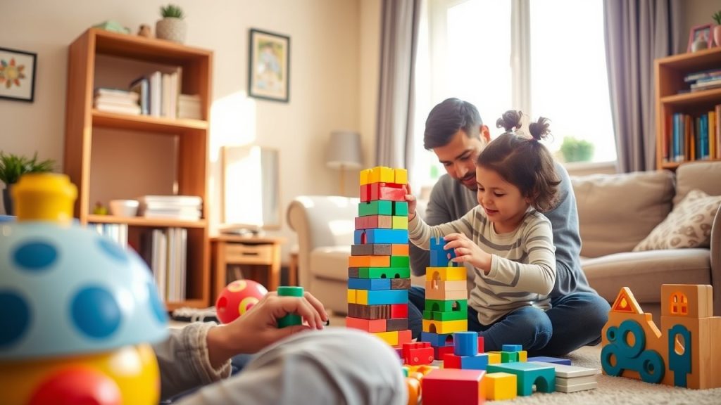 Parent and child playing together in a cozy living room, building a colorful block tower surrounded by educational toys and books, highlighting active parenting.