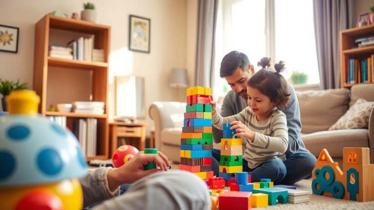 Parent and child playing together in a cozy living room, building a colorful block tower surrounded by educational toys and books, highlighting active parenting.