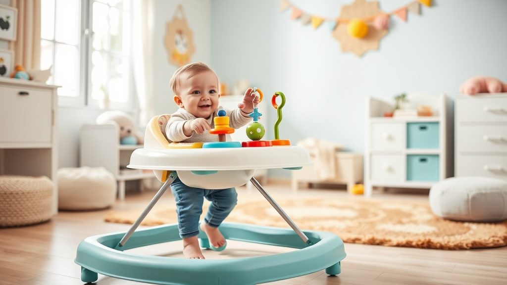 Choose the safest baby walker with a happy baby reaching for toys in a bright nursery, highlighting safe baby walkers for parents