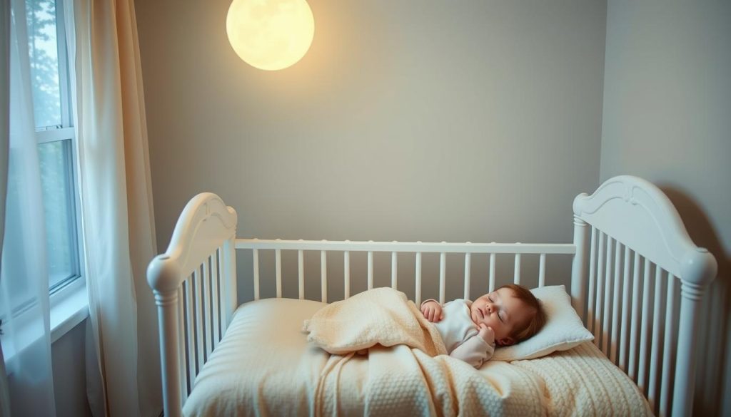 A peaceful baby sleeping soundly in a crib with soft lighting, showcasing a calm bedtime environment, as explained in the article titled 'How to Help Your Baby Sleep Without Sleep Training.' The baby is wrapped in a cozy blanket, and the room feels serene, emphasizing gentle, non-training methods for promoting better sleep.