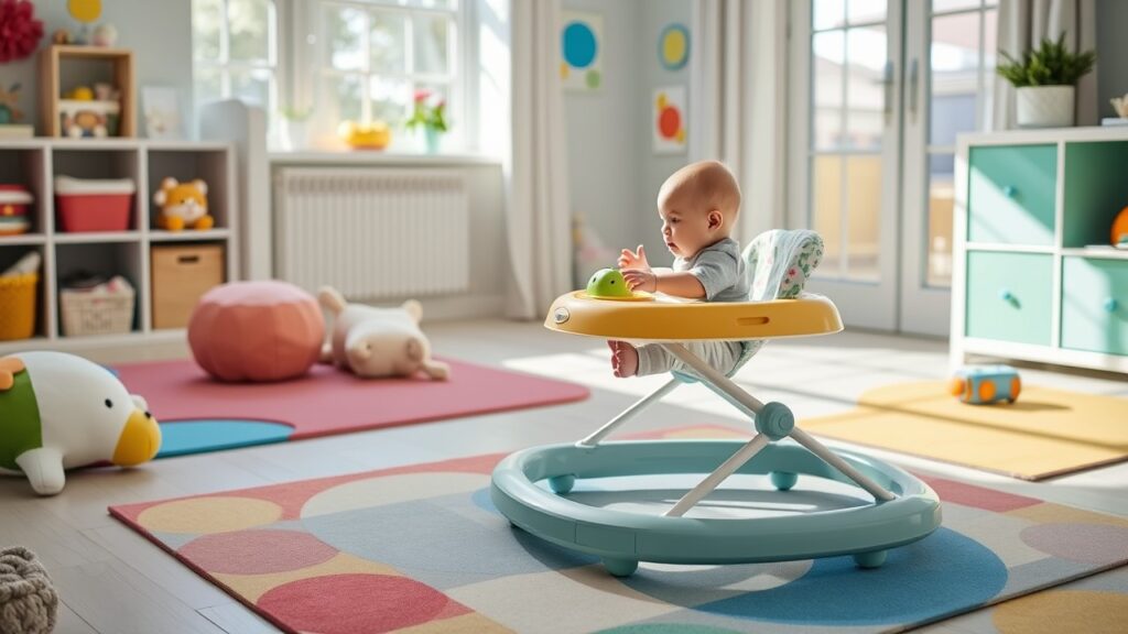 A baby happily exploring with the best baby walker in a bright, safe play area filled with toys and a soft mat.