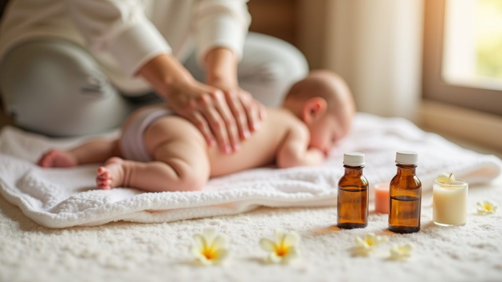 Parent performing DIY infant massage on a baby with natural baby massage oils, showcasing a peaceful environment for infant care.