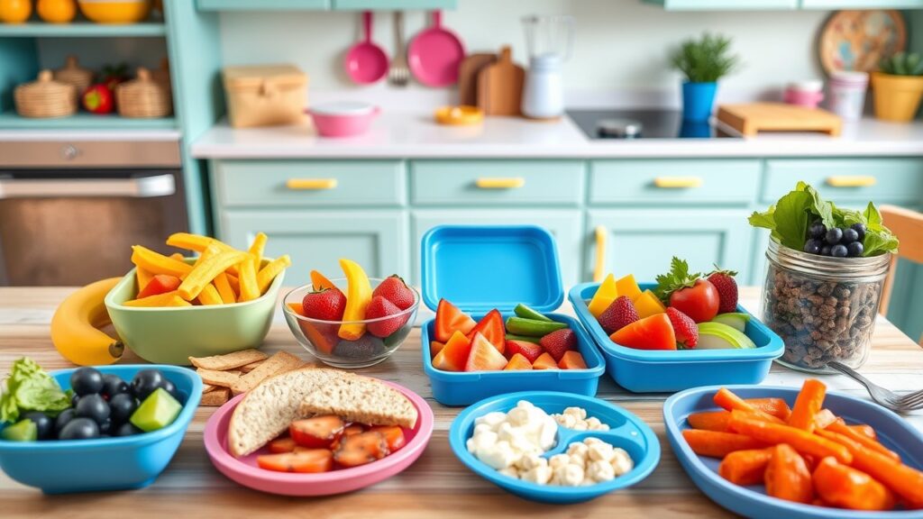 A colorful toddler lunch spread featuring quick toddler lunch ideas, including fruits, vegetables, whole grains, and proteins in a bright kitchen.