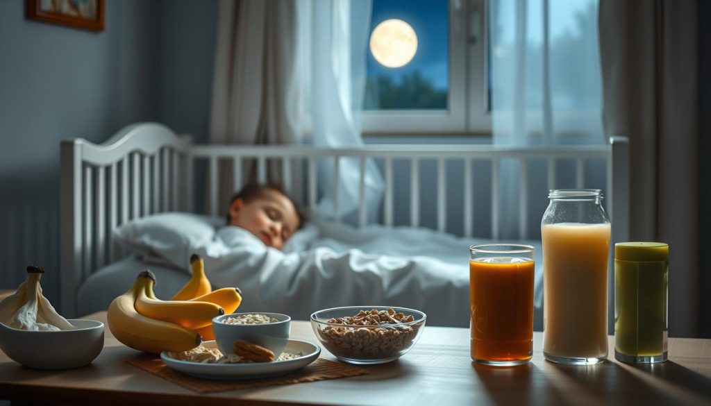 A selection of foods laid out on a table, including fruits, vegetables, and snacks, illustrating the impact of diet on a baby's sleep, as discussed in the article titled 'Can Diet Affect Baby's Sleep? Foods That Help or Hinder Sleep.' The image highlights nutritious options that promote better sleep alongside items that may disrupt it, creating a visual guide for parents.