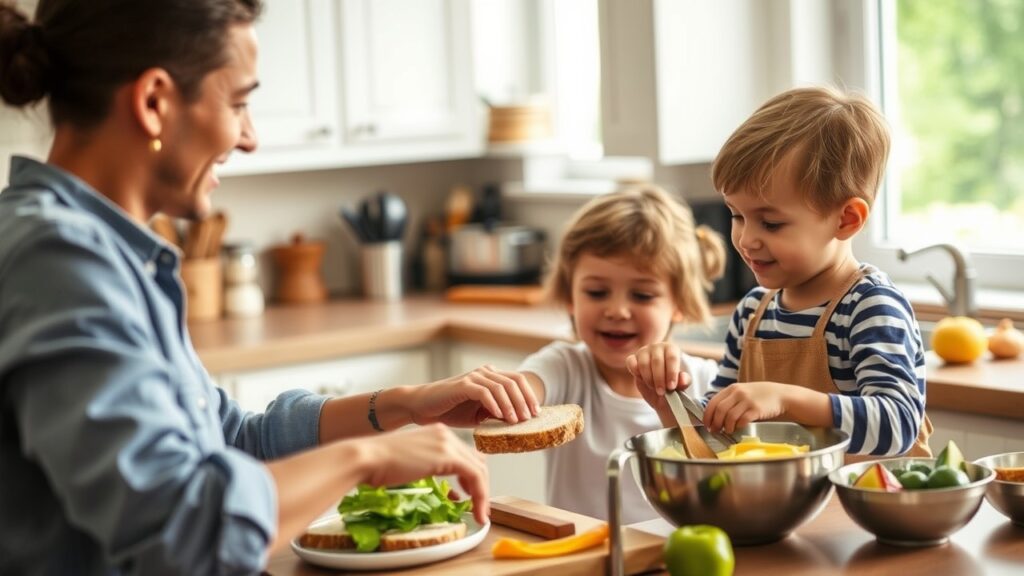 A parent and child preparing easy lunch recipes for kids and Toddler-Friendly Meals in a family kitchen, featuring whole grain bread, cheese, and fresh veggies.