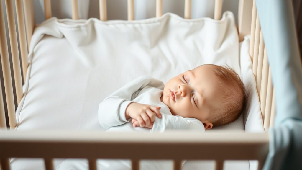 A peaceful baby sleeping in a cozy crib, in a softly lit nursery, illustrating why your baby wakes up every hour and how to create a calming sleep environment.