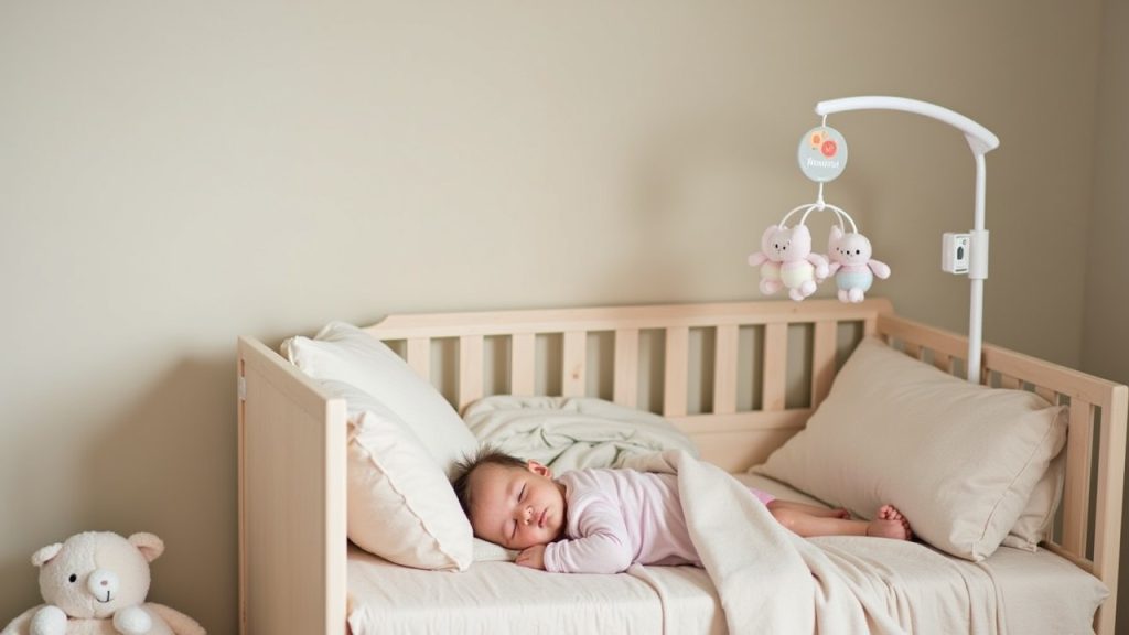 A tired baby peacefully napping in a cozy crib, surrounded by soft toys and a gentle, calming atmosphere, as illustrated in the article titled 'How to Help a Baby Struggling with Daytime Naps.' The room is softly lit, highlighting techniques to create an ideal napping environment for infants who have difficulty with daytime sleep