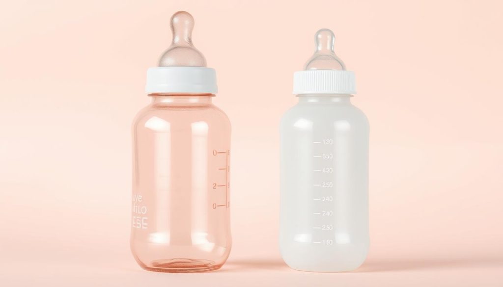 A side-by-side comparison of a glass baby bottle and a plastic baby bottle, highlighting the differences in material and design as discussed in the article titled 'Glass vs. Plastic Baby Bottles: Which is Better?' The bottles are placed on a clean surface, with subtle lighting that emphasizes their clarity and durability.