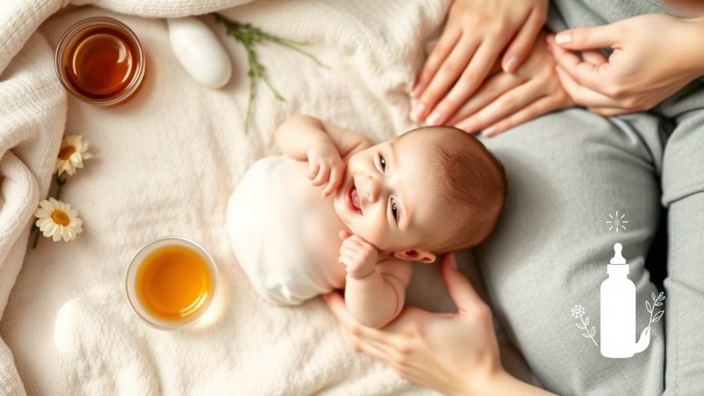 A tired parent gently cradling a fussy newborn in a calm, soothing environment, illustrating effective colic relief strategies as discussed in the article titled 'Colic Relief for Newborns: Tips Every Parent Needs.' The scene features soft lighting and comforting elements, highlighting the importance of patience and nurturing in managing colic symptoms.