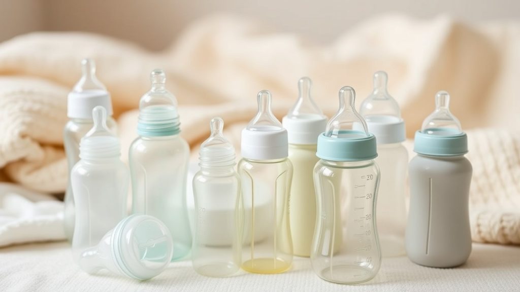 A variety of baby bottles in different shapes and sizes arranged on a table, illustrating the options available when selecting the right bottle for a newborn, as described in the article titled 'How to Choose the Right Baby Bottle for Your Newborn.' The image highlights key features like bottle shape, nipple size, and material to help parents make an informed choice.