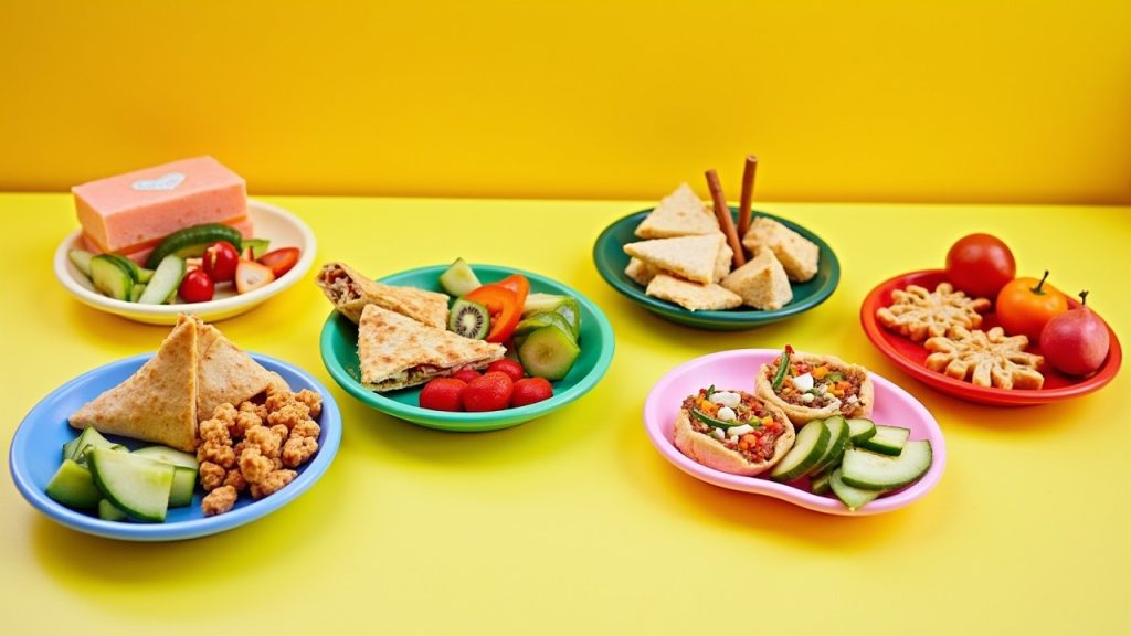 Colorful spread of easy toddler lunch ideas featuring veggie-packed quesadillas, turkey roll-ups, and mini pizzas on a bright table, ideal for busy parents seeking quick toddler lunch recipes.