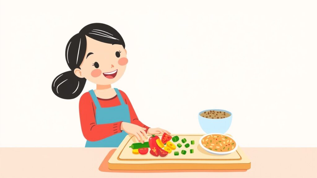 A caregiver preparing quick toddler meal ideas with fresh ingredients, demonstrating easy toddler meals in a cheerful kitchen.