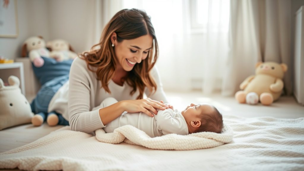 Parent practicing postpartum infant massage with newborn on a soft blanket, promoting parent-child bonding and emotional well-being.