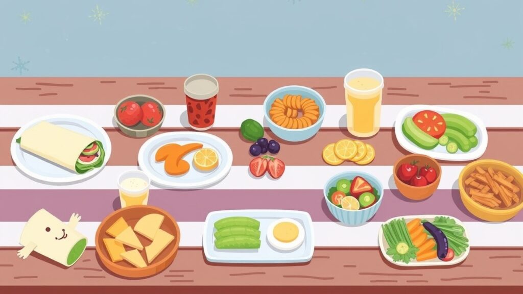 A variety of quick toddler lunch ideas displayed on a picnic table, featuring wraps, cut fruits, and colorful veggies designed for young children.