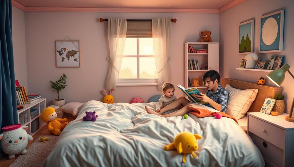 A parent reading a bedtime story to an active toddler snuggled up in bed, illustrating a calming sleep routine as discussed in the article titled 'How to Create a Sleep Routine for Active Toddlers.' The cozy room is softly lit, creating a warm atmosphere that emphasizes the importance of establishing a consistent bedtime routine for energetic children.