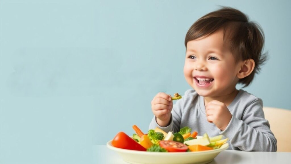 A happy toddler enjoying nutritious toddler meals, illustrating the benefits of healthy eating with a colorful and fun dish