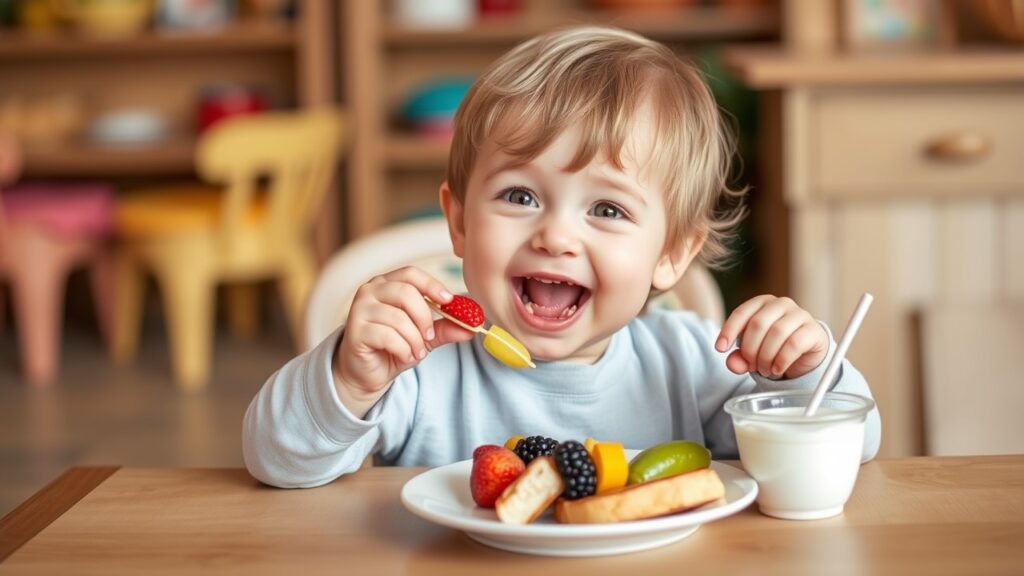 A happy toddler enjoying toddler-friendly meals, including mini sandwiches, fruit skewers, and yogurt in a playful dining environment.