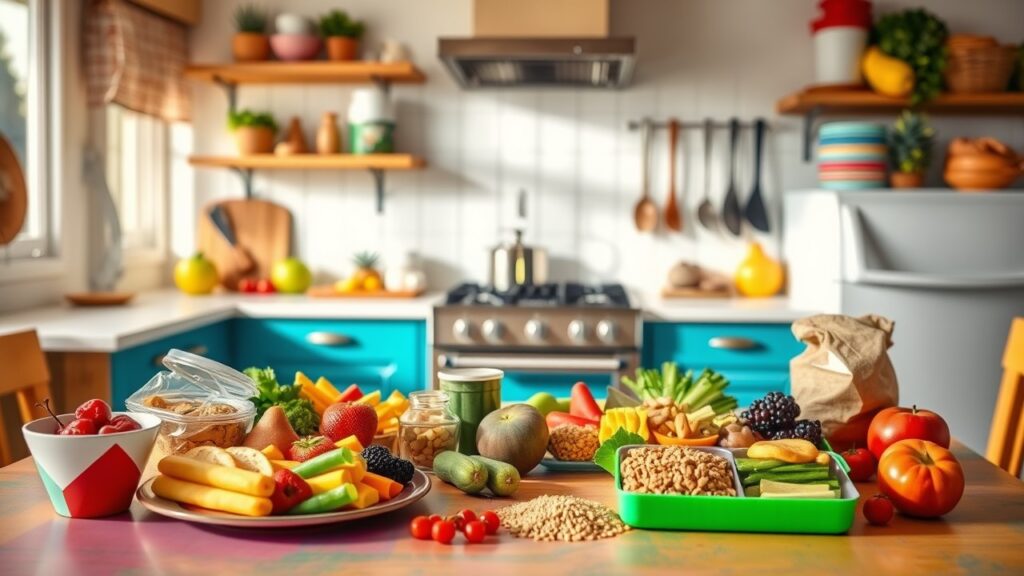 Colorful and healthy toddler lunches displayed on a table, showcasing nutritious ingredients for easy cooking ideas.